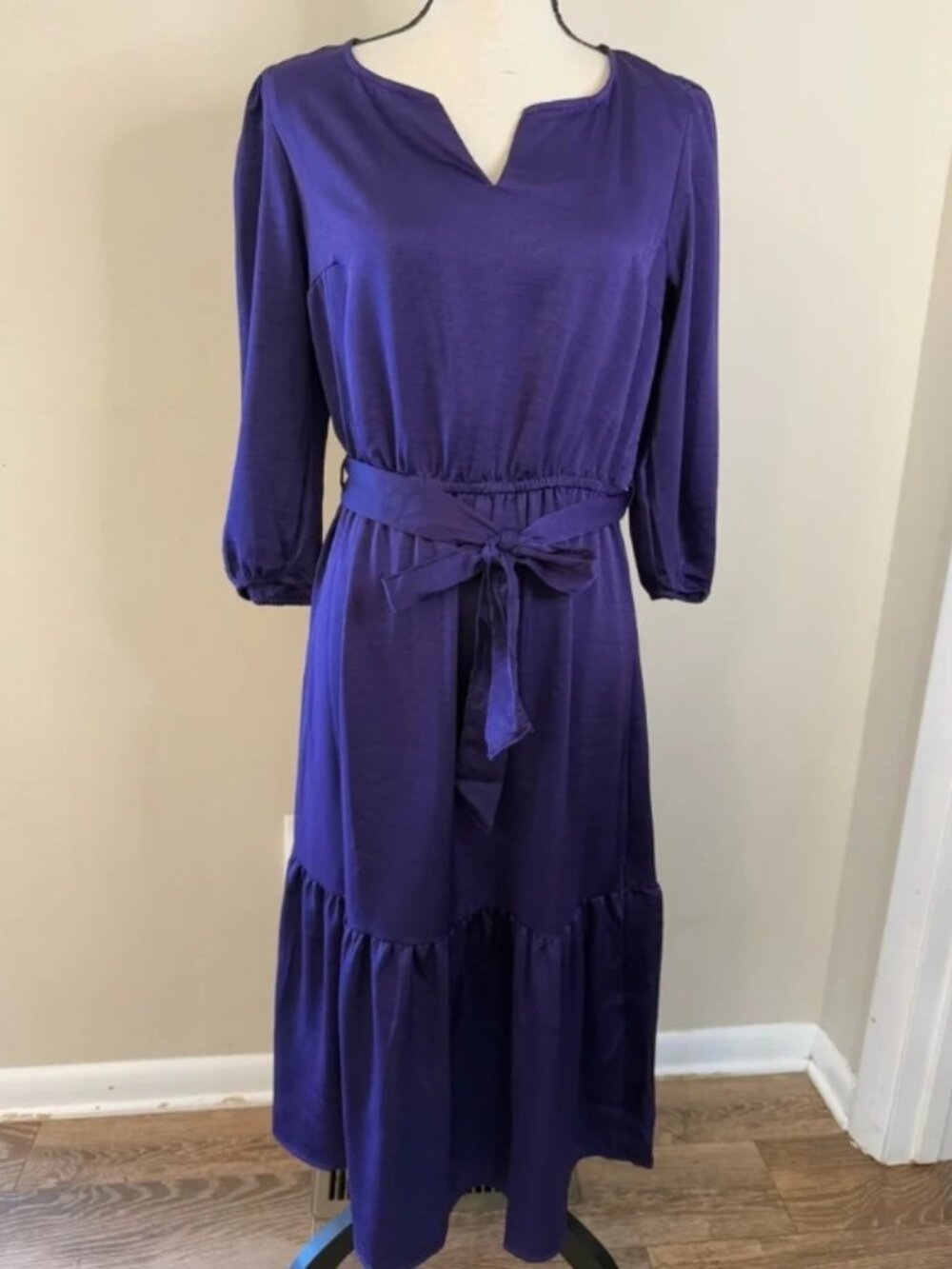Lucky Brand Purple Midi Dress Tie Waist 3/4 Sleeve Boho Casual Flowy